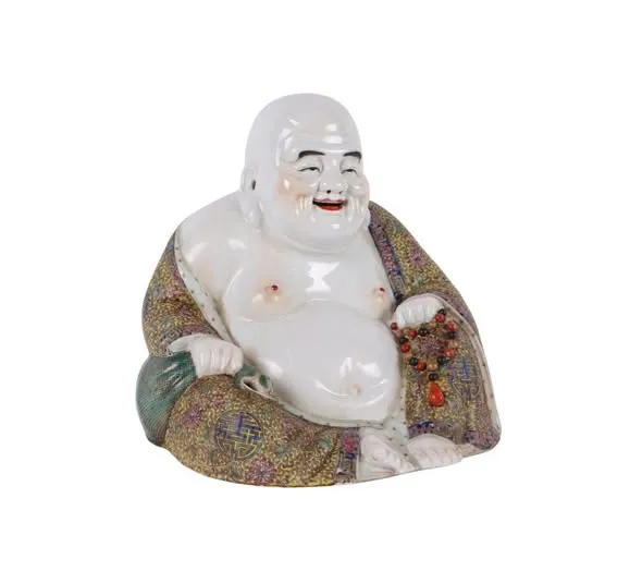 Tượng Phật Di Lặc ngồi sứ men phấn thái, cao 24cm