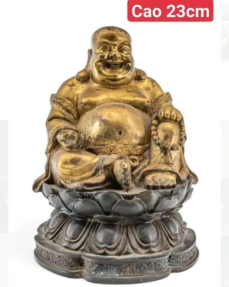 Tượng Di Lặc phủ vàng ngồi đài sen, cao 23cm