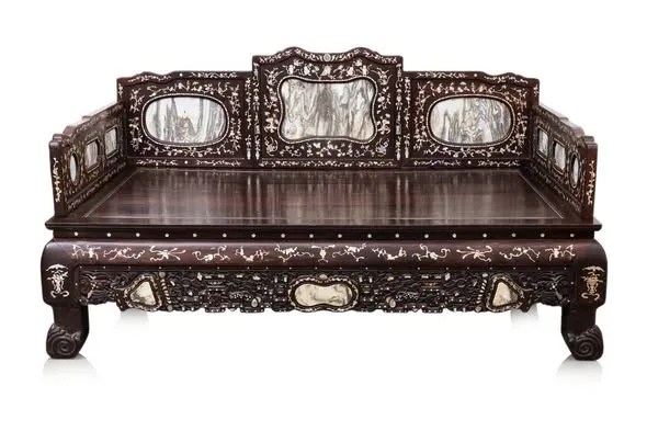 Sập / giường kỷ gỗ khảm xà cừ, tựa lưng lồng đá vân