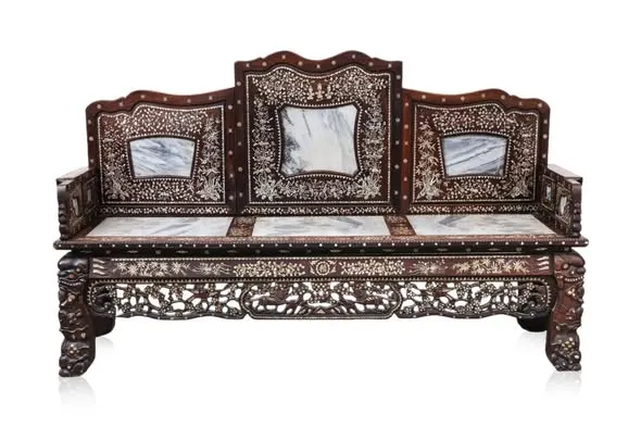 Trường kỷ gỗ khảm xà cừ, mặt ngồi và tựa lưng lồng đá