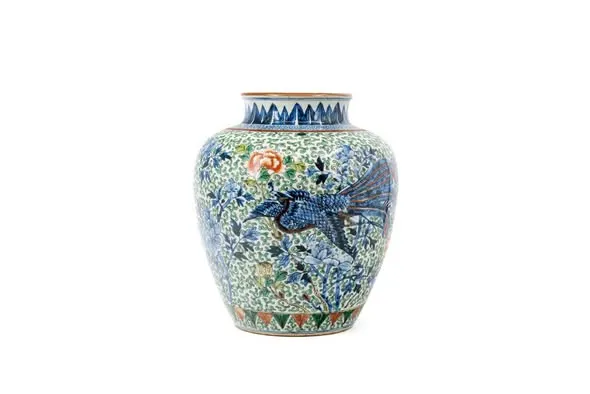 Bình sứ ngũ thái kết hợp vẽ lam, họa tiết phượng hoàng, cao 29,5cm
