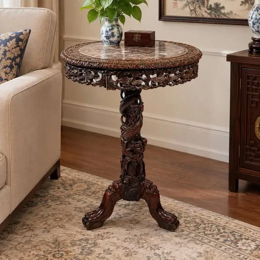Bàn tròn gỗ chạm, mặt đá, chân trụ ba chân, cao 83,8cm