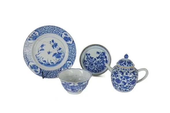Lô 5 món hoa lam: bát múi nổi, đĩa, bát, ấm