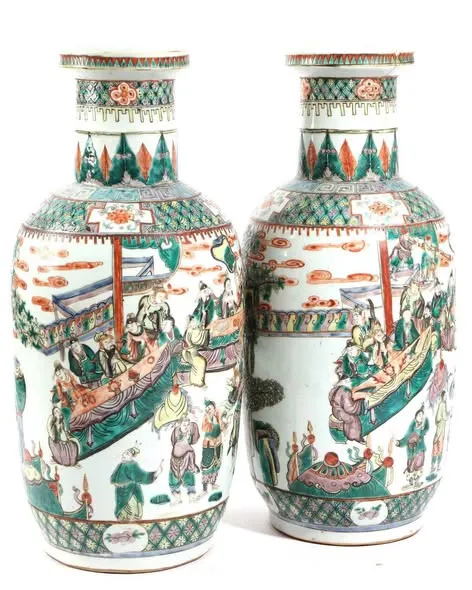 Cặp bình ống sứ màu cảnh xem kịch, cao 43.8cm