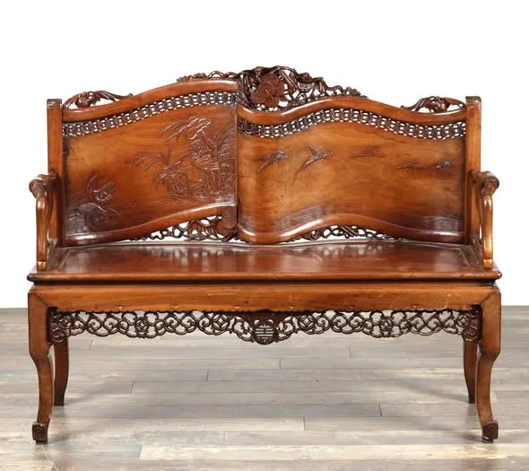 Ghế băng đôi gỗ cứng chạm hoa chim
