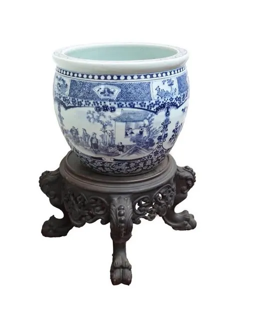Thống xanh trắng kèm đôn gỗ, tổng cao 73cm