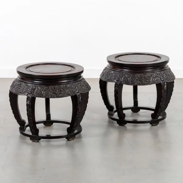 Cặp đôn thấp gỗ chạm hoa